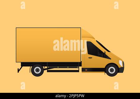 Gelber Lastkraftwagen für den Frachtdienst auf isoliertem Hintergrund. Transport, Lieferservice. Fahrzeug mit Container. Abbildung eines Lieferwagens. Vektordarstellung. Stock Vektor
