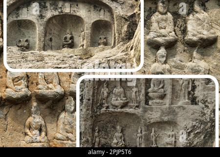 Longmen Grotten sind eine Reihe von Felsschreinen, in denen buddhistische Themen dargestellt werden, eine UNESCO-Weltkulturerbestätte ist eine der berühmtesten Stätten in Chin Stockfoto