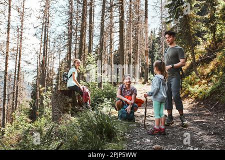 Familie mit Rucksäcken wandern in den Bergen aktiv Sommerurlaub zusammen verbringen Wandern auf Waldweg, reden und bewundern Natur Mountain lan Stockfoto