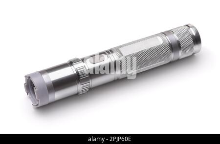 LED-Taschenlampe aus Silber-Metall isoliert auf weiß Stockfoto