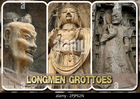 Longmen Grotten sind eine Reihe von Felsschreinen, in denen buddhistische Themen dargestellt werden, eine UNESCO-Weltkulturerbestätte ist eine der berühmtesten Stätten in Chin Stockfoto