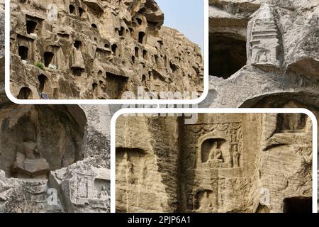 Longmen Grotten sind eine Reihe von Felsschreinen, in denen buddhistische Themen dargestellt werden, eine UNESCO-Weltkulturerbestätte ist eine der berühmtesten Stätten in Chin Stockfoto