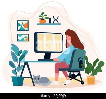 Eine Frau, die effizient in ihrem Home Office arbeitet, an ihrem Arbeitsplatz sitzt und über ihren Computerbildschirm aktiv mit Kollegen kommuniziert. Den Remote-Lifestyle zu akzeptieren. Vektor. Stock Vektor