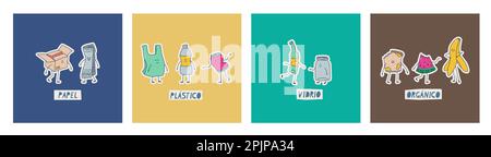 Abfallsortierungsklassifikation in Spanisch. Übersetzung - Papier, Kunststoff, Glas, organisch. Süße Kawaii-Müllfiguren. Vektorabbildungen für die Konstruktion Stock Vektor