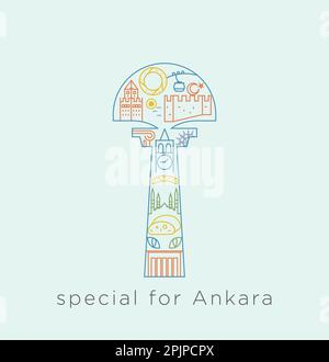 Spezielle Ikonenserie für Ankara. Collage in Verbindung mit historischen Stätten, Ankarakatze, Seilbahn, Mond und Stern, Moschee, Burgmauer, Bagel, mit Stock Vektor