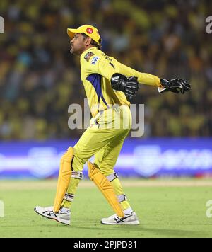 Chennai, Indien, 03/04/2023, Spiel Nr. 6 : TATA IPL 2023: CSK vs. LSG : Chennai Super Kings vs Lucknow Super Giants : MSD von CSK im MAC-Stadion in Chennai.CSK erzielte in 20 Overs 217 von 7 Punkten. Frau Dhoni Stockfoto