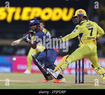 Chennai, Indien, 03/04/2023, Spiel Nr. 6 : TATA IPL 2023: CSK vs. LSG : Chennai Super Kings vs Lucknow Super Giants : MSD von CSK im MAC-Stadion in Chennai.CSK erzielte in 20 Overs 217 von 7 Punkten. Kurnal Pandya Stockfoto