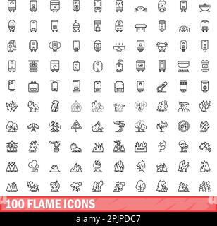 100 Flammensymbole eingestellt. Umrissdarstellung von 100 Flammensymbolen, Vektorsatz isoliert auf weißem Hintergrund Stock Vektor