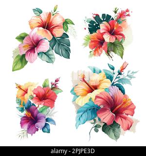 Aquarell-Vektor-Hibiskus. Tropical Flowers, ein Element, Aquarellblume. Isoliert auf weißem Hintergrund. vektorelement für Ihre Konstruktion. Rot Stock Vektor