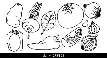 Sammlung von handgezeichneten Gemüsekonturen, die gefärbt werden können. Lustiges und fesselndes Malbuch für Kinder. Verschiedene Gemüseformen und -Größen. Se Stock Vektor