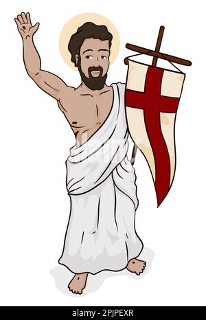 Der wiederauferstandene Jesus Christus hielt einen Wimpel mit einem roten Kreuz. Cartoon-Design auf weißem Hintergrund. Stock Vektor