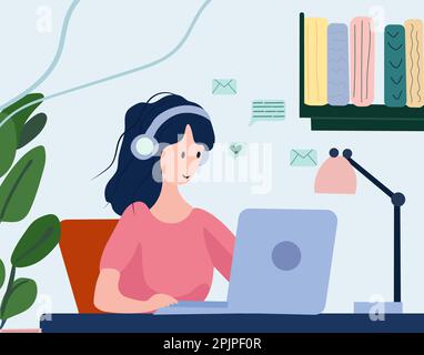 Eine Frau, die effizient in ihrem Home Office arbeitet, an ihrem Arbeitsplatz sitzt und über ihren Computerbildschirm aktiv mit Kollegen kommuniziert. Den Remote-Lifestyle zu akzeptieren. Vektor. Stock Vektor