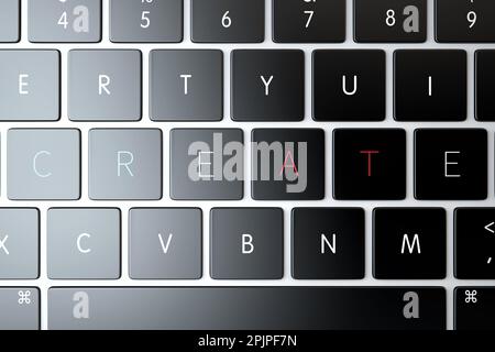 Kreativ. Textzeichen über Laptop-Tastatur. 3D-Rendering Stockfoto