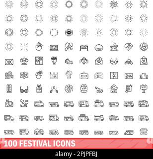 100 Festival-Ikonen-Set. Darstellung von 100 Festival-Ikonen, Vektor isoliert auf weißem Hintergrund Stock Vektor