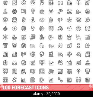 100 Prognosesymbole eingestellt. Gliederungsdarstellung von 100 Prognosesymbolen, Vektorsatz isoliert auf weißem Hintergrund Stock Vektor