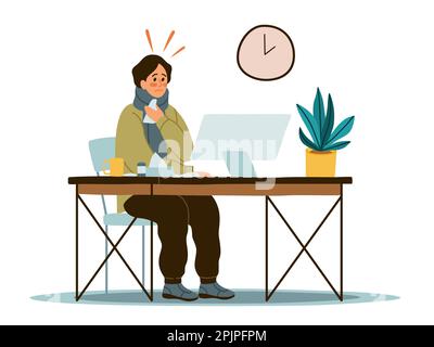 Ein junger Arbeiter sitzt im Büro am Computer, hat hohes Fieber und ist erkältet. Kranker Mann am Arbeitsplatz, Nieser, Schwäche und Kopfschmerzen Stock Vektor