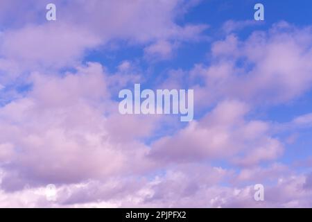 Farbenfroher, pinkfarbener, zarter Himmel nach Sonnenuntergang. Der natürliche Hintergrund des Himmels. Romantischer Himmelshintergrund, wunderschöne flauschige rosa Wolken, unglaublich Stockfoto