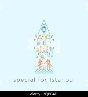 Spezielle Icon-Serie für Istanbul. Collage über historische Orte, Moscheen, Brücke, Bagel, Tee, Innerhalb der Linie des Galata-Turms. Stock Vektor