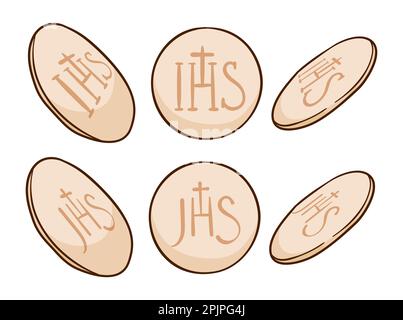 Religiöses Kommunionsbrot mit IHS- und JHS-Monogramm in drei Positionen. Cartoon-Design auf weißem Hintergrund. Stock Vektor