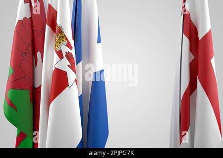 Flagge des Vereinigten Königreichs: England, Schottland, Wales und Nordirland. 3D-Rendering Stockfoto