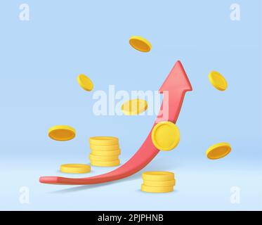 3D-Aktiendiagramm mit Symbol für die Investition von Münzen, Diagramm für Aufwärtstrend am Aktienmarkt Stock Vektor