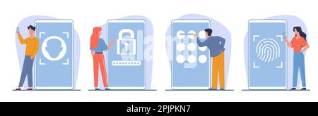 Männer und Frauen schützen Informationen auf Smartphones mit Passwörtern und Codes. Fingerabdruck, Gesichts-ID, digitales und grafisches Schild. Verifizierung und Stock Vektor