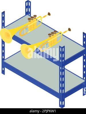 Isometrischer Vektor des Trompetensymbols. Das Musikinstrument auf das Symbol des Lagerregals aufziehen. Lager- und Bestandskonzept Stock Vektor