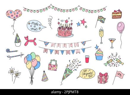 Geburtstagsparty-Set. Lustige Kritzeleien. Vektor farbenfrohe, von Hand gezeichnete Kindsbday-Designobjekte isoliert. Kuchen, Partyhut, Cracker, Ballons, Glückwunsch Stock Vektor