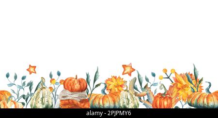 Hallo Herbstbanner. Nahtloser Kürbis-Rand. Aquarelldarstellung. Stockfoto