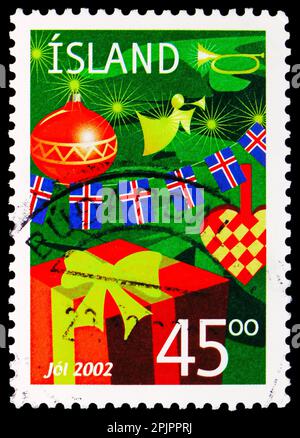 MOSKAU, RUSSLAND - 26. MÄRZ 2023: In Island gedruckte Briefmarken zeigen Weihnachten, Serie, um 2002 Stockfoto