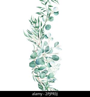 Vertikales, wasserfarbenes, nahtloses Randmuster mit Blumenmuster. Eukalyptus-, gypsophila- und Pistazienäste. Handgezeichnete botanische Illustration. Kann für verwendet werden Stockfoto