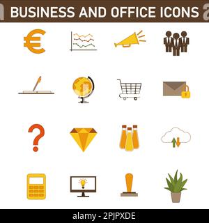 Eine Sammlung mehrfarbiger Flachsymbole zum Thema: Geschäft und Büro. Isoliert auf weißem Hintergrund. Stockfoto