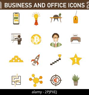 Eine Sammlung mehrfarbiger Flachsymbole zum Thema: Geschäft und Büro. Isoliert auf weißem Hintergrund. Stockfoto