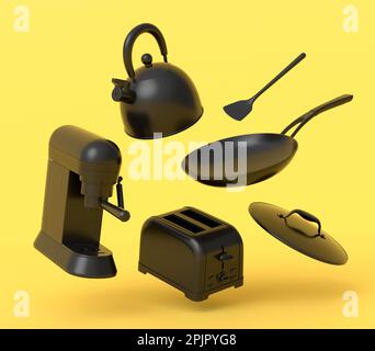 Espressomaschine, Handmixer, Wasserkocher und Toaster für die Zubereitung des Frühstücks auf monochromem Hintergrund. 3D Render der Kaffeeanne für die Herstellung von Latte Stockfoto