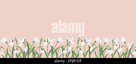 Nahtlose Umrandung mit Frühlingsblumen aus Schneeglöckchen auf pinkfarbenem Hintergrund, Vektordarstellung Stock Vektor
