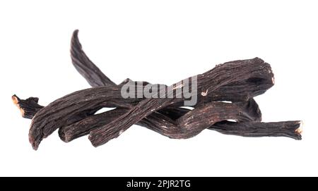Gemeinsame Beinwurzel isoliert auf weißem Hintergrund. Trockene Wurzeln von Symphytum officinale Stockfoto