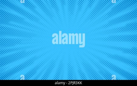 Blauer Comics-Hintergrund. Hintergrund für abstrakte Linien. Helle Sonnenstrahlen. Gestaltungsrahmen für das Titelbuch. Strukturierte explosive Polka. Strahlbewegung. Musterbewegung Stock Vektor