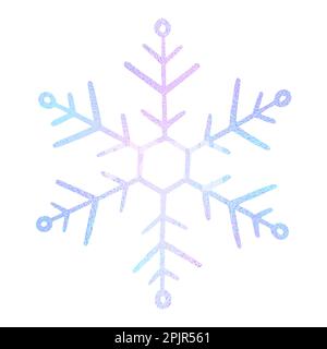Schneeflocke handgezeichnet. Süßer Neonschnee isoliert auf weißem Hintergrund. Zeichne Eiskristall für den Winterdruck. Abstraktes glänzendes holographisches Symbol Stock Vektor