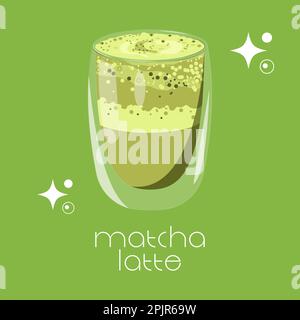 Japanischer Matcha Latte, Teeglasbecher auf grünem Hintergrund. Matcha Latte. Vektor Stock Vektor