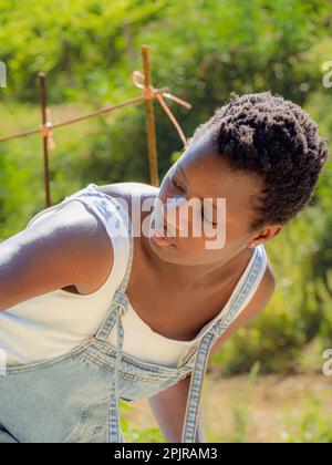 Afrikanische kurzhaarige junge schwarze Frau, die auf dem Hof Gemüse pflegt und Jeansanzüge trägt Stockfoto