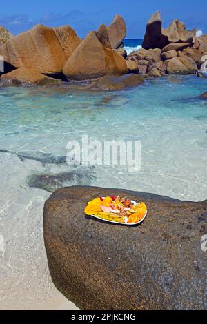 Teller mit exotischen Früchten, Traumstrand Anse Marron, auch La Source Marron, La Digue Island, Seychellen Stockfoto