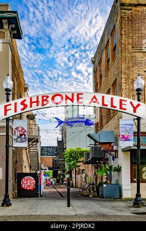 Fishbone Alley ist am 2. April 2023 in Gulfport, Mississippi, abgebildet. Die Backsteingasse ist gefüllt mit Graffiti und Kunst von lokalen Künstlern. Stockfoto