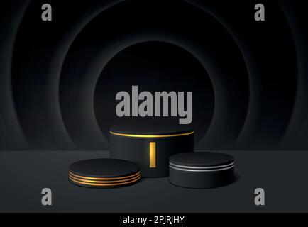 Auf Dem Podium. Schwarzes, realistisches Zylinderfuß-Podium. Abstraktes Vector-Studio-Zimmer mit 3D geometrischer Plattform. Luxuriöse Minimalszene für Produktpräsentation und -Präsentation Stock Vektor
