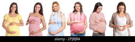 Collage mit Fotos glücklicher schwangerer Frauen auf weißem Hintergrund. Bannerdesign Stockfoto