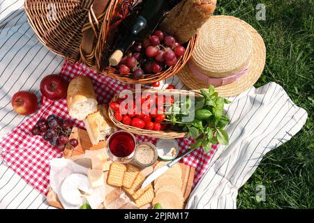 Decke mit verschiedenen Produkten auf grünem Gras, Draufsicht. Sommerpicknick Stockfoto