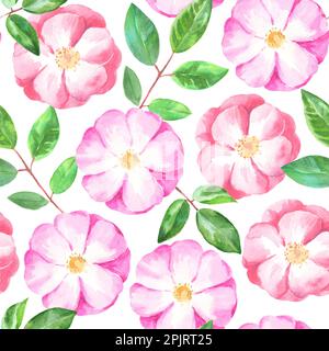 Wasserfarbenes, nahtloses Muster mit Hüftblumen. Sanfter Pastelldruck für Stoff und Hochzeitsdesign. Stockfoto