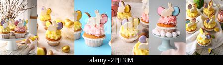 Festliche Collage für Osterfeier mit wunderschönen Cupcakes Stockfoto