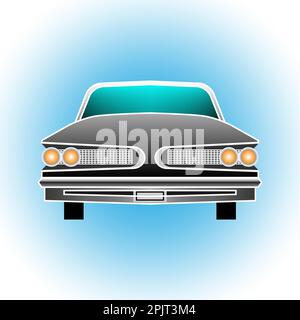 Klassisches Cabriolet in realistischem Stil auf blauem kreisförmigem Hintergrund. Vorderansicht. Bodenfahrzeug auf vier Rädern. Radfahrzeug. Klassische Fahrzeugvorlage für c Stock Vektor