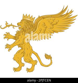 Vektordesign eines geflügelten Löwen mit Krone, eines heraldischen Löwen mit Flügeln, einer geflügelten Fantasie-Kreatur Stock Vektor