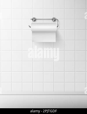 Toilettenpapier auf Metallrollenhalter hängt in modernen Badezimmern an der weißen Wand mit Keramikfliesen, Sanitärserviette im Modellierhintergrund der Toilette. Leerer wc-Innenraum, Hygienepflege realistische 3D-Vektordarstellung Stock Vektor